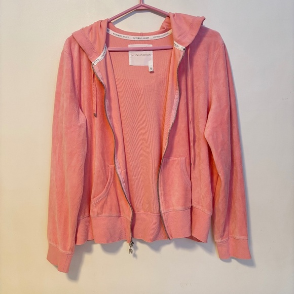 Victoria’s Secret Velour Full Zip Up Hoodie Sweatshirt Light Orange Pink Size XL - Picture 1 of 4